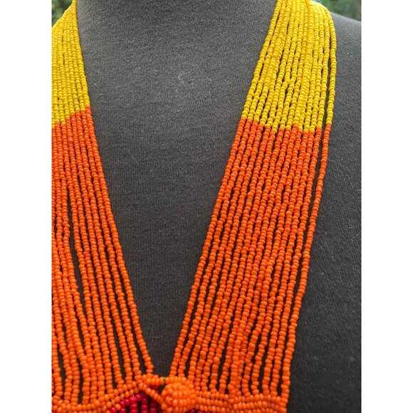 Vtg 1960's Seed Beaded Shawl With Beaded Button & Loop Orange Red Yellow African - Picture 7 of 10